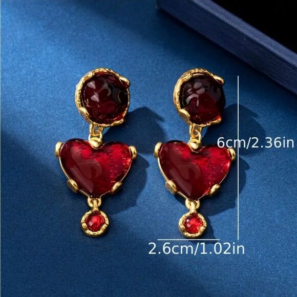 18K Gold Plated Red Cabochon Heart Dangle Earring NWT - Picture 4 of 6